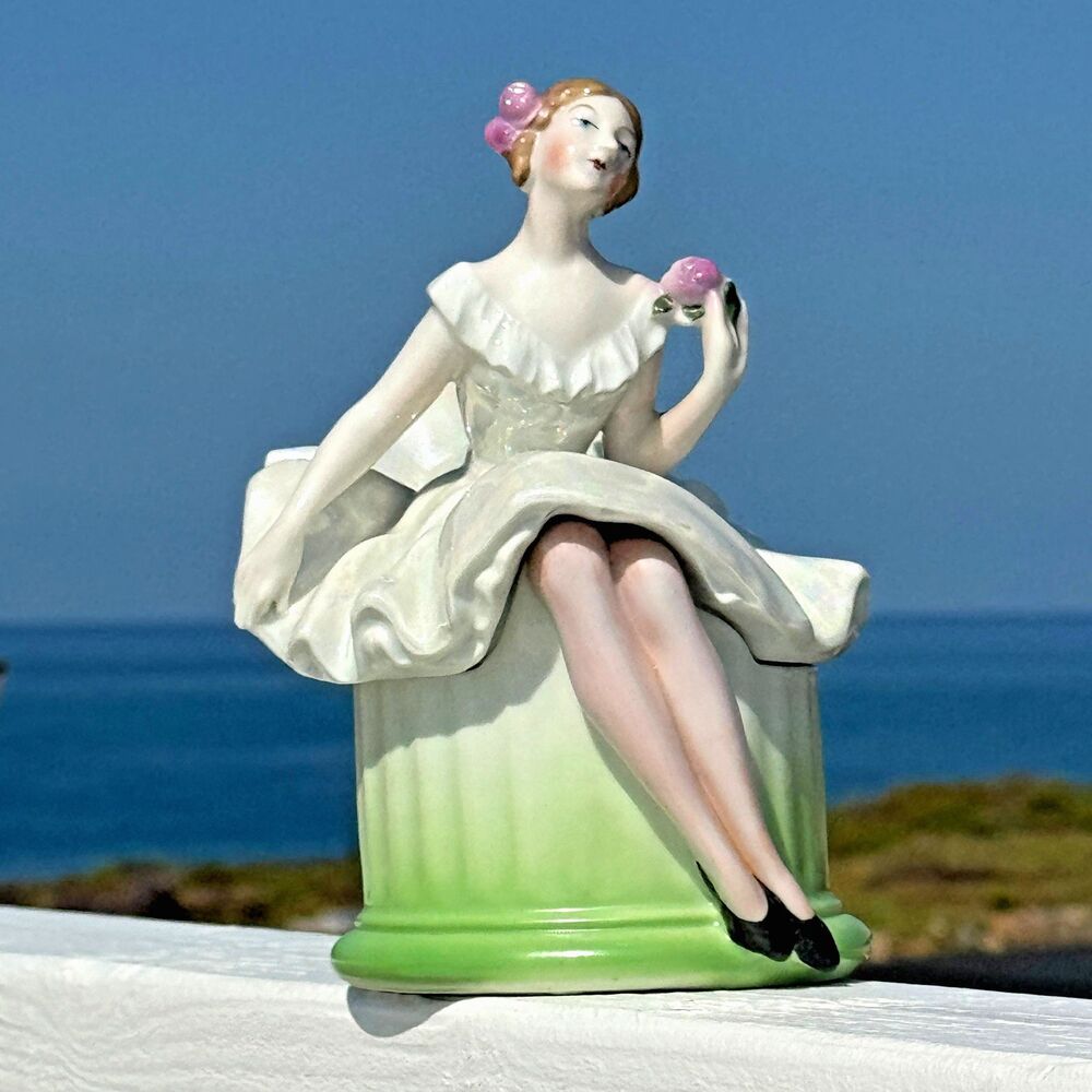 Vintage Bavaria Porcelain Lady Powder Jar Trinket Box Iridescent Dress Vanity